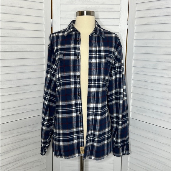 Rolling Stones Red White Blue Plaid Flannel Graphic DIY Shirt Upcycled Band Tee - Picture 3 of 11